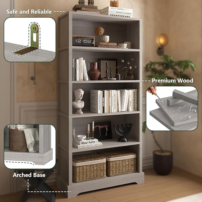 TVU 5-Tier Wooden Bookshelf, 65" Tall Farmhouse Style Open Bookcase, 31.5" W Standing Book Shelf with Storage, Suitable for Study, Living Room, Office, Grey