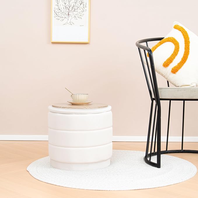 B FSOBEIIALEO Round Velvet Storage Ottoman with Tray, Folding Ottoman with Storage Coffee Table Foot Rest for Dorm Room, Living Room White, 15.35"x15.35"x14.57"