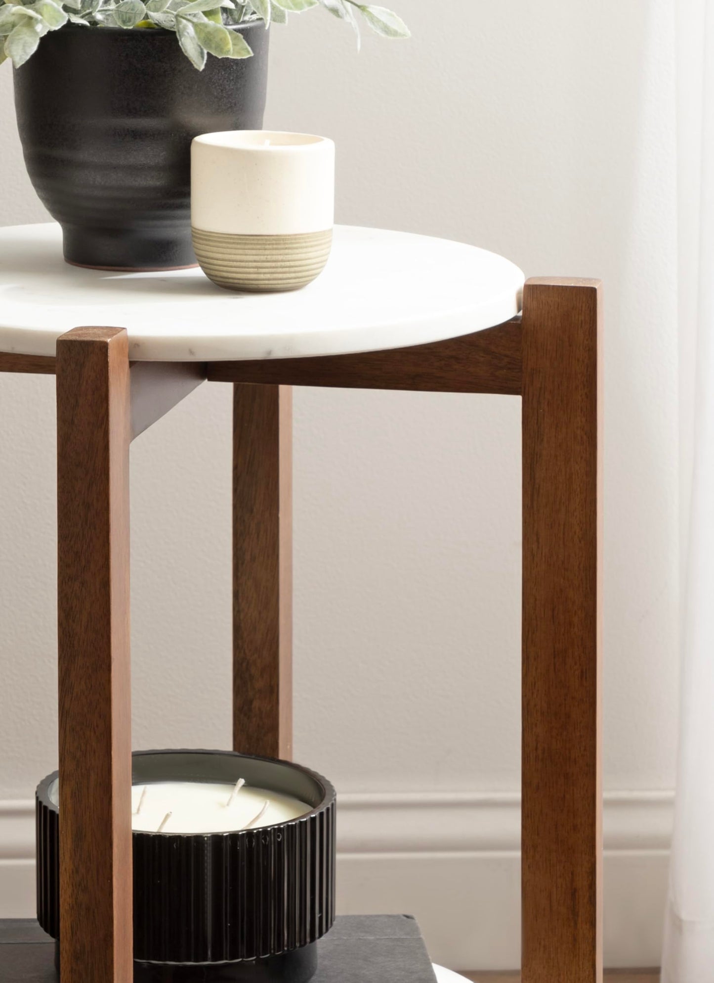 Kate and Laurel Moxley Transitional Round Side Table; 16 x 16 x 22; White Marble and Walnut Brown; Tiered Pedestal Table with Authentic Marble Tabletops for Bedroom Nightstand or Indoor Plant Stand