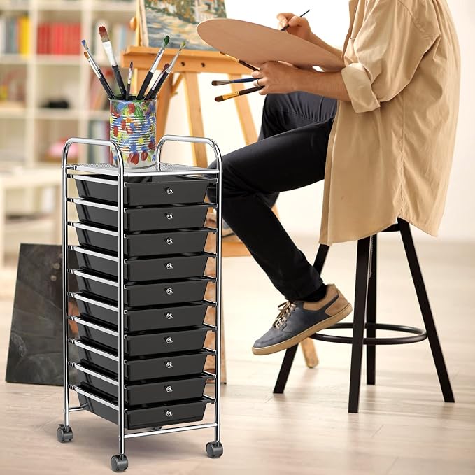 MEDIMALL 10 Drawers Rolling Storage Cart, Multipurpose Craft Storage Cart with Wheels, Mobile Tools Scrapbook Paper Organizer Cart for Office School Home Use (Black)