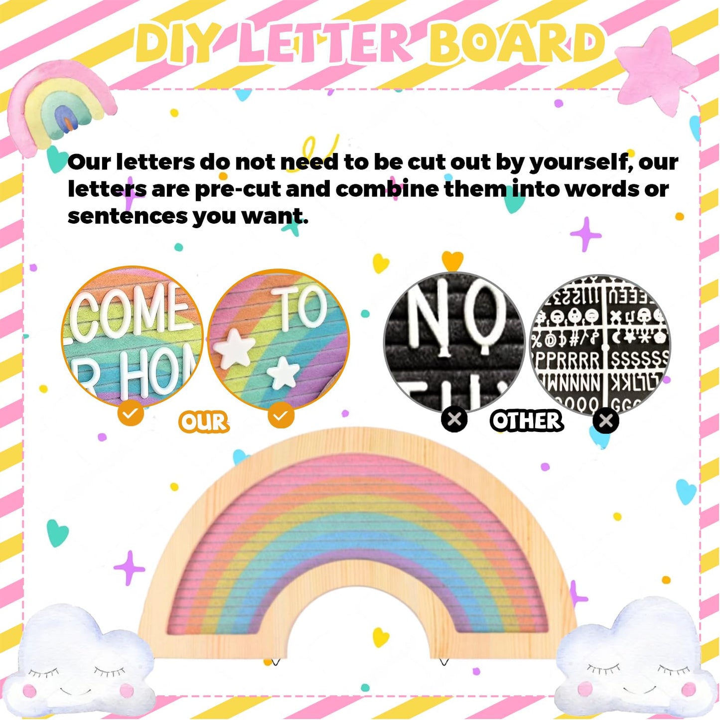 CJIAWYS Picture Frames Collage Wall Decor Hanging Photo Display, Personalized Gifts for Teen Girls, Unique DIY Rainbow Felt Letter Board with 340 Letters and 20 Clips for Kids Teenage Birthday Party