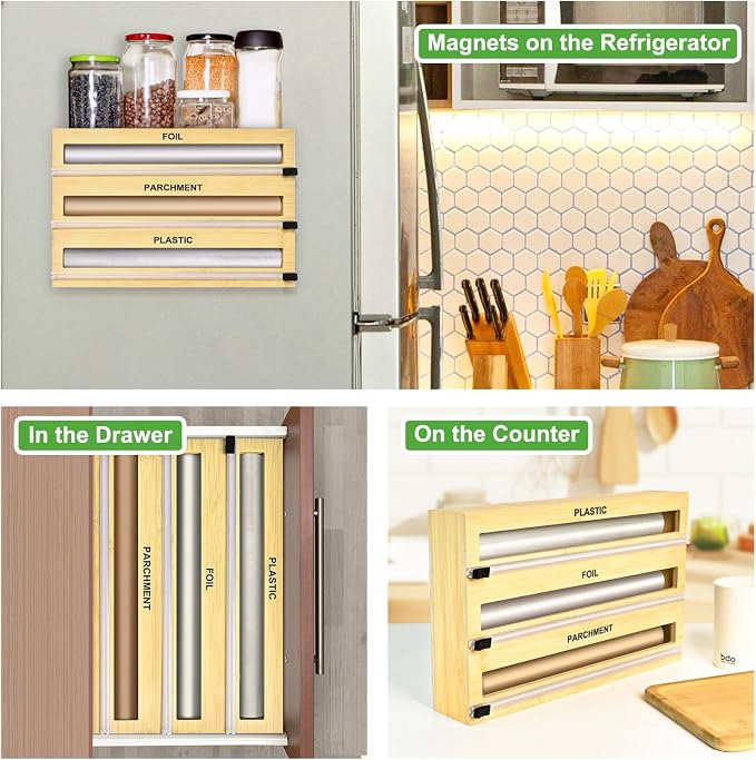 MSJGA Magnetic Plastic Wrap Dispenser with Cutter, 3 in 1 Refrigerator Bamboo Organizer for Tin Foil, Baking Paper, Wax Paper Holder Kitchen Storage Box Compatible