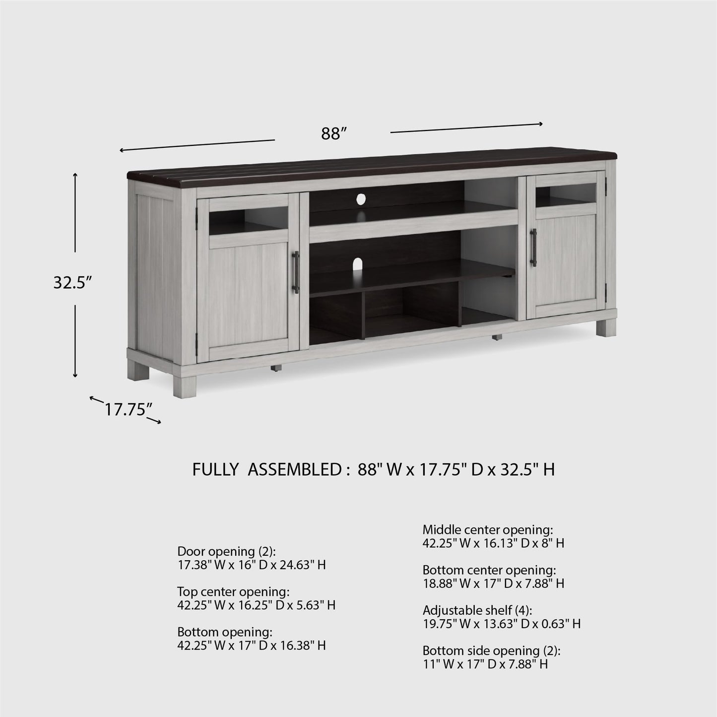 Signature Design by Ashley Darborn Farmhouse 88" TV Stand for TVs up to 101" with Adjustable Shelves, Cabinets, Cord Openings and Fireplace Option, Light Gray & Dark Brown