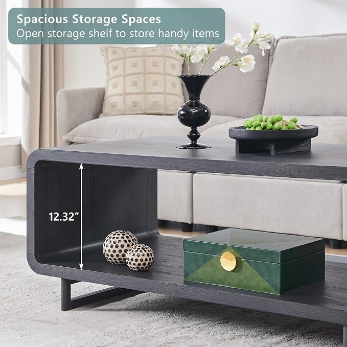 IFGET 48" Modern Coffee Table, 2-Tier Minimalist Center Table with Storage Shelf, Curved Profile Design, Wooden Rectangular Living Room Table w/Wood Thick Design for Living Room, Office, Dark Grey