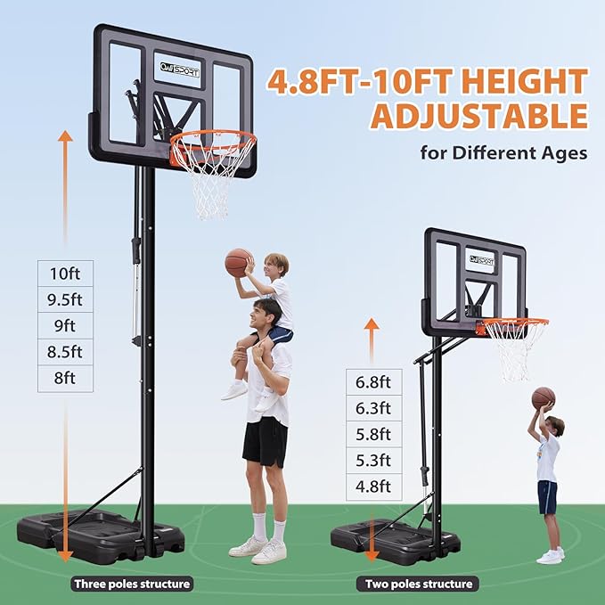 Portable Basketball Hoop Outdoor, 4.8-10FT Height Adjustable Basketball Hoop Goal System with 44/48 Inch Impact Backboard and Portable Wheels for Adults