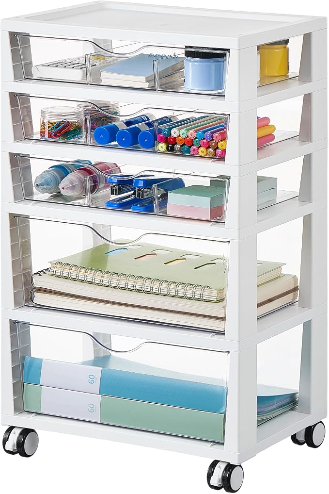 Vtopmart Plastic Drawer Storage Rolling Cart with Wheels, 5-Tier Drawer Organizer for Art Crafts Supplies, Home Office Supplies, Toys, Under Desk Storage for Office, Craft Room, Bedroom, Classroom