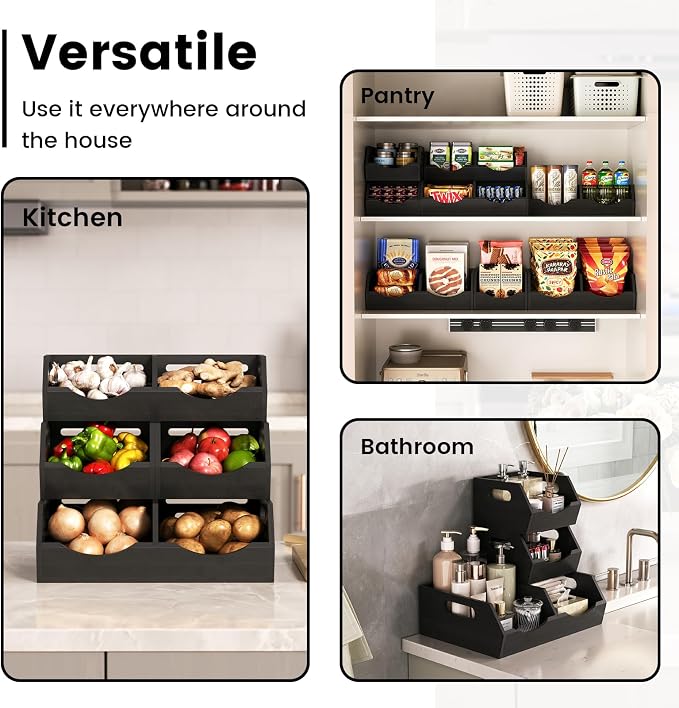 Potato Storage Bins Onion, 3 Tier Bamboo Pantry Storage Bin Stackable Ventilated Organizer for Kitchen, Pantry, Countertop, Bathroom, Black