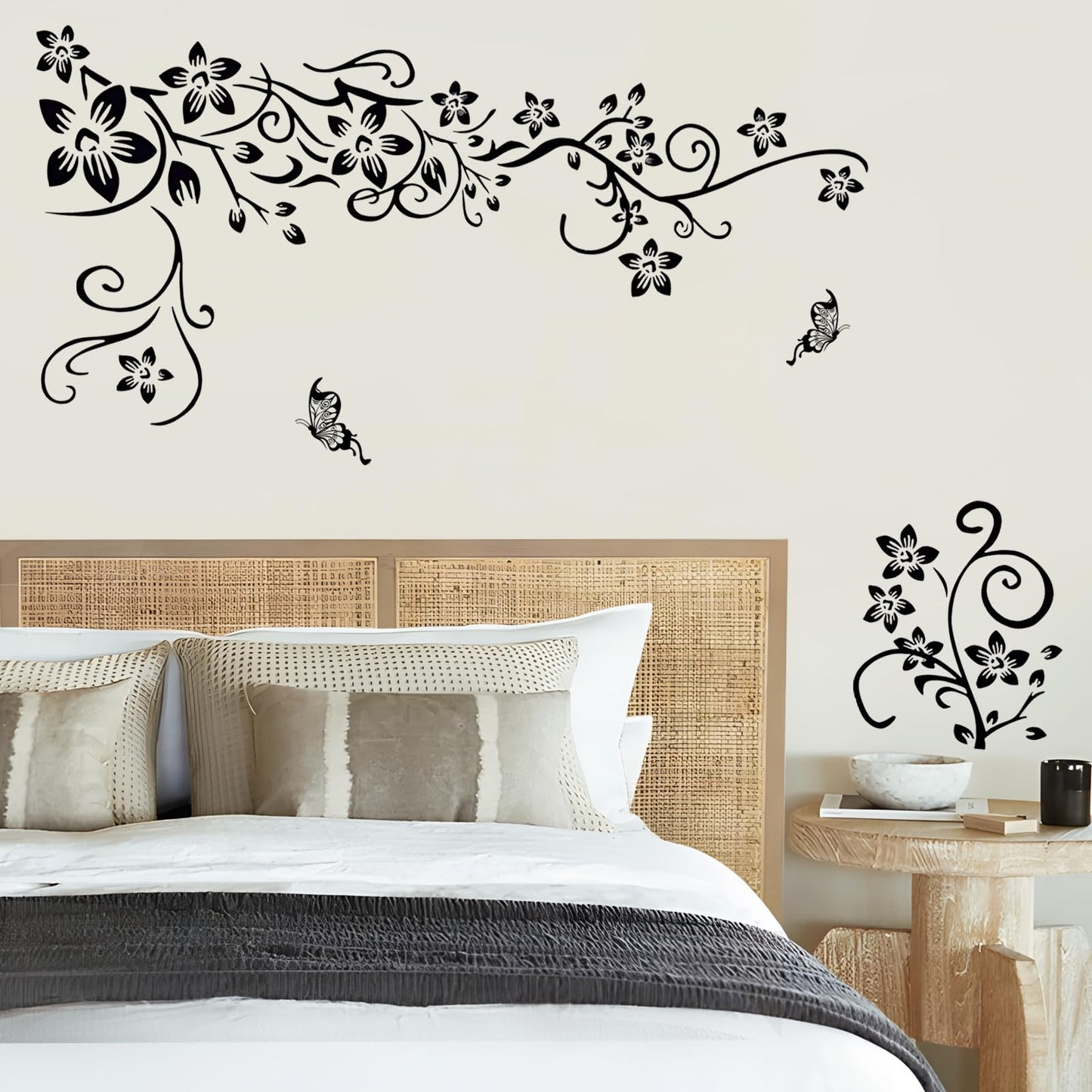 Supzone Flowers Vine Decals Black Flowers Butterfly Wall Decor Removable Vinyl DIY Home Art Stickers for Bedroom Living Room Sofa Backdrop TV Wall Decoration