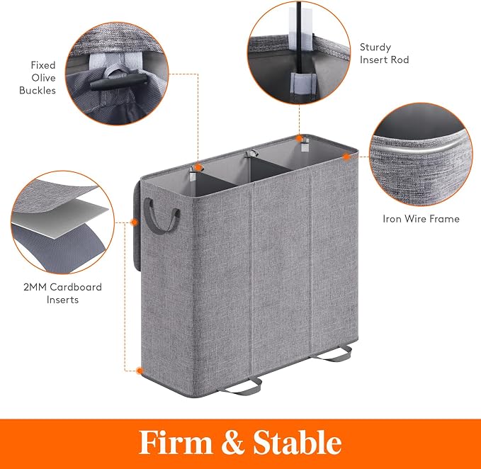 Lifewit Triple Laundry Hamper with Lid and Removable Laundry Bags, Large Collapsible 3 Dividers Dirty Clothes Basket with Handles for Bedroom Laundry Room Closet Bathroom College, 185L Gray