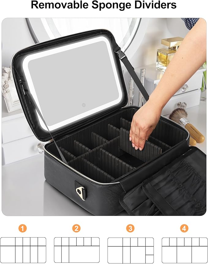 Relavel Travel Makeup Bag With LED Mirror, 16.2" Large Makeup Train Case, 3 Color Scenarios Adjustable Brightness, Waterproof Makeup Train Case Organizer with DIY Dividers for Makeup Artist, Black