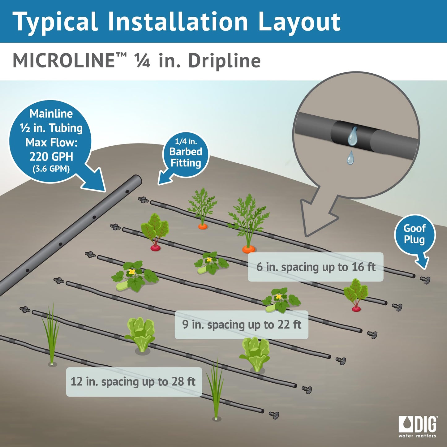 DIG ML-106, 100', ¼” MICROLINE Dripline - 6” Spacing, Color Black – UV Protected Drip Line