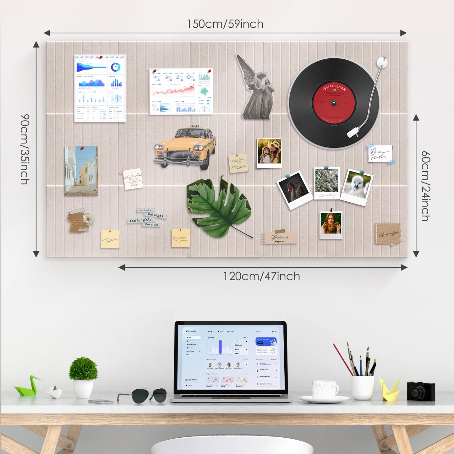 Large Bulletin Board 59" X 36" Cork Boards for Wall Alternative 15 Pack Oatmeal Fine-Stripe Felt Bulletin Board 96 Safe Adhesive 35 Push Pins for Office School Home Room Decor