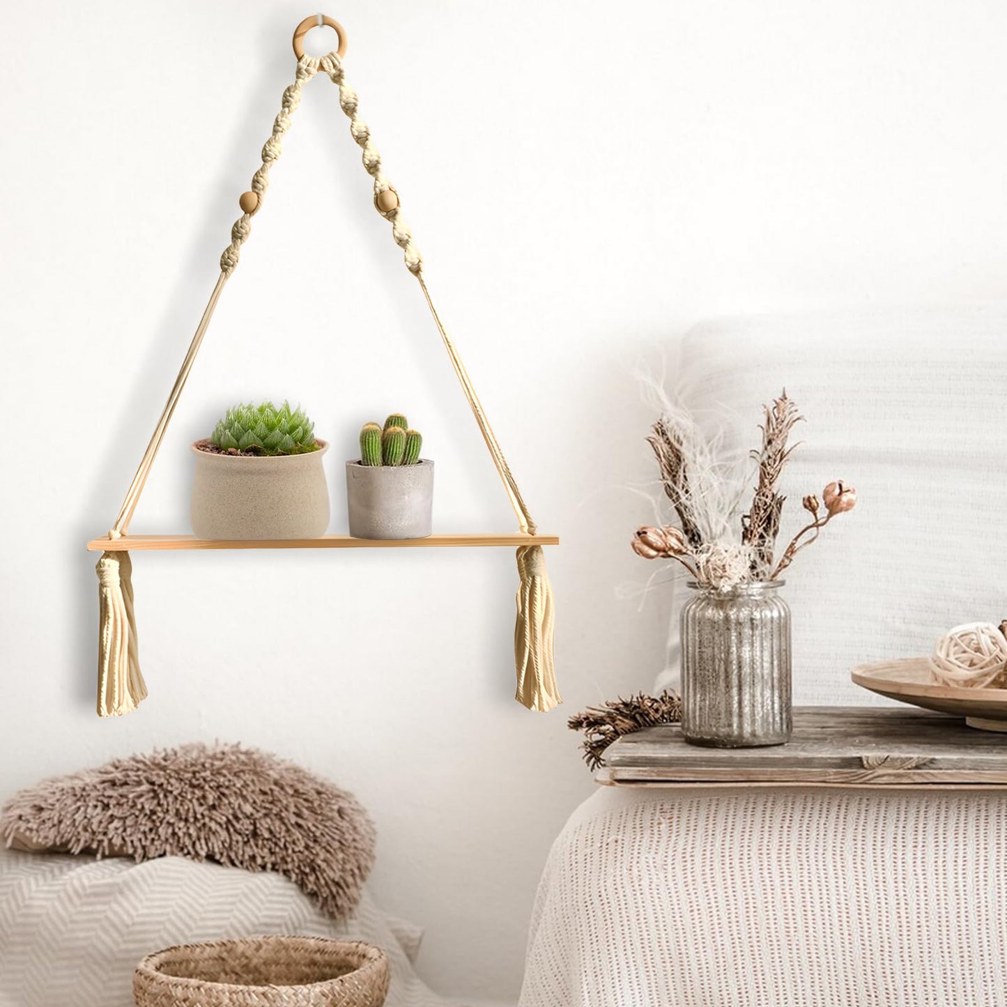 BusonQueen Boho Macrame Wall Hanging Shelves,Wooden Floating Shelves for Wall with Handmade Woven Rope for Home Decor
