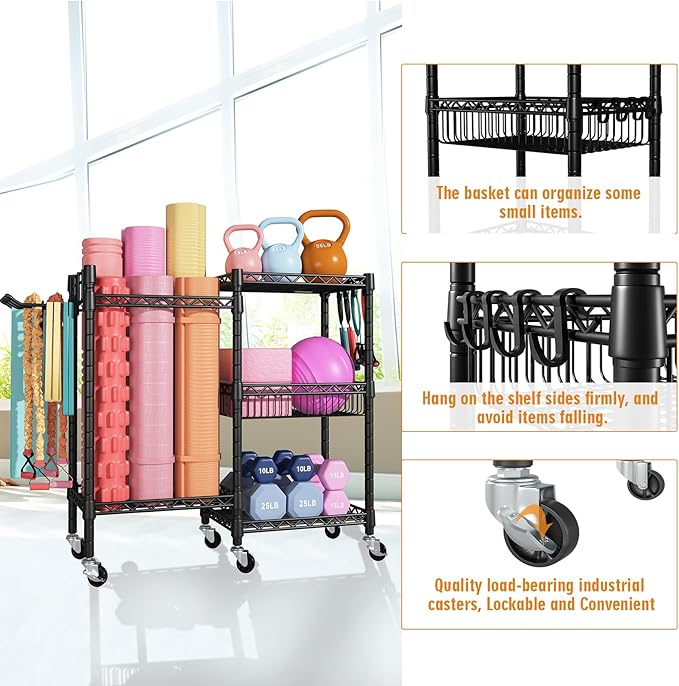 FUTASSI Home Gym Storage, 3 Tiers Workout Equipment Organizer with Wheels for Yoga Mats, Foam Roller, Dumbbells, Kettlebells, and Resistance Bands