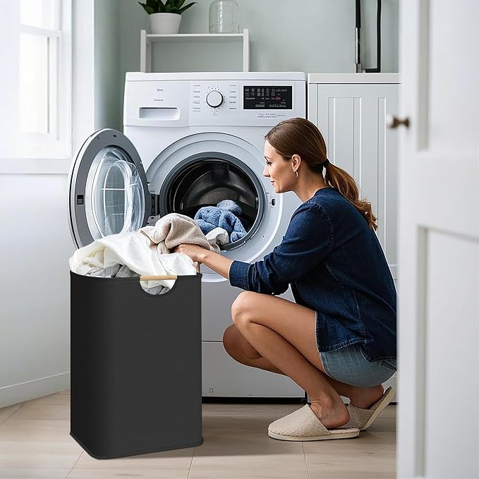 STORAGE MANIAC 3-Pack Large Laundry Hamper, 80L (21.1 Gal) Collapsible Laundry Basket with Bamboo Handles, Freestanding Waterproof Clothes Hamper for Laundry Room, Bedroom, Dorm, Towels, Black