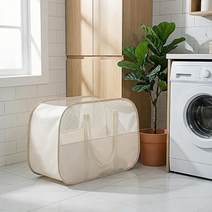 Foldable Laundry Basket with Mesh Window, Large Capacity 95L Dirty Clothes Hamper with Handles, Sturdy Steel Frame,Collapsible Laundry Hamper for Bedroom,Bathroom,Home,Dorm (Beige)