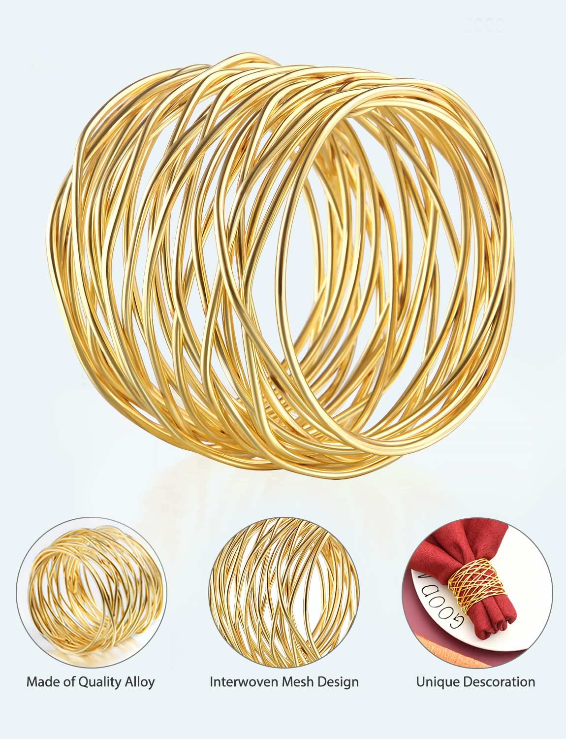 URWOOW Twisted Wire Mesh Napkin Rings Holders Décor Dinner Party Wedding Christmas Gathering (Gold 12pcs)