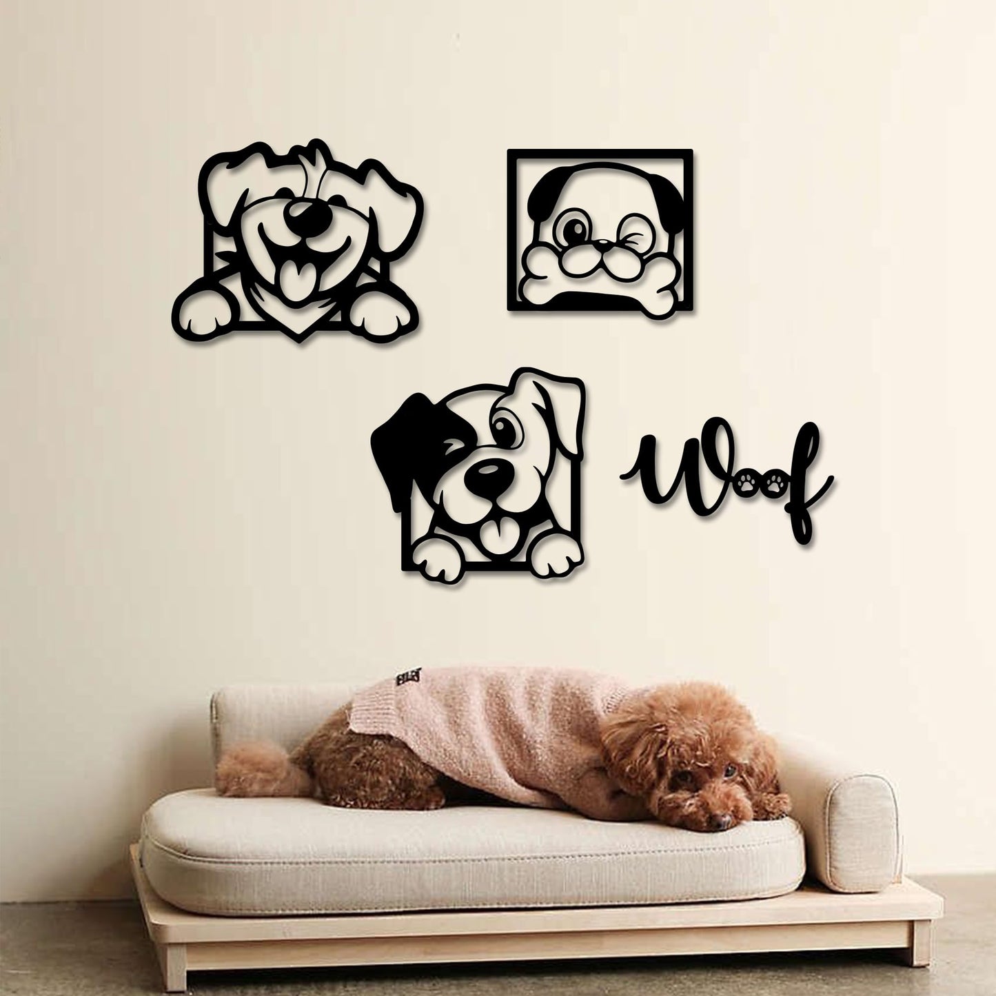 Rajukit 4-Piece Cartoon Metal Dog Wall Art Set, Dog Lover Gift for Indoor Home Décor, Playful Woof Design for Living Room, Bedroom, Office & Kitchen