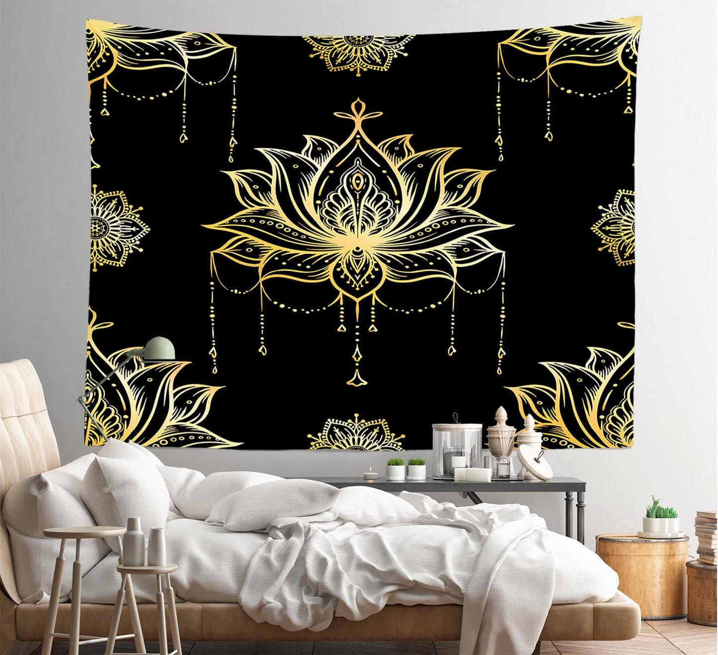 Loccor Black Gold Lotus Tapestry Spiritual Lotus Psychedelic Meditation Lotus Flower Wall Hanging Decor Bedroom Living Room Zen Boho Wall Art Decor 80‘’x60''