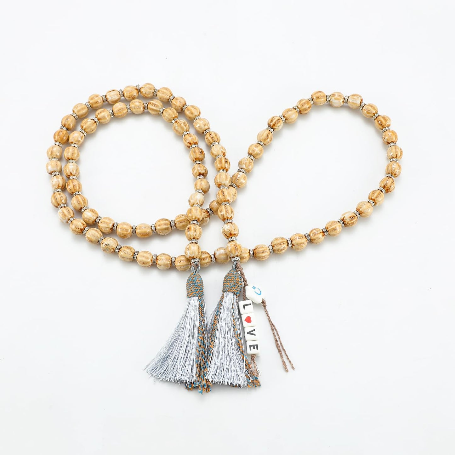 50in Handcrafted Ceramics Beads Garland with Tassels Farmhouse Rustic Ceramic Prayer Bead String Wall Hanging Accent for Boho Home Festival Decor Beige Bead