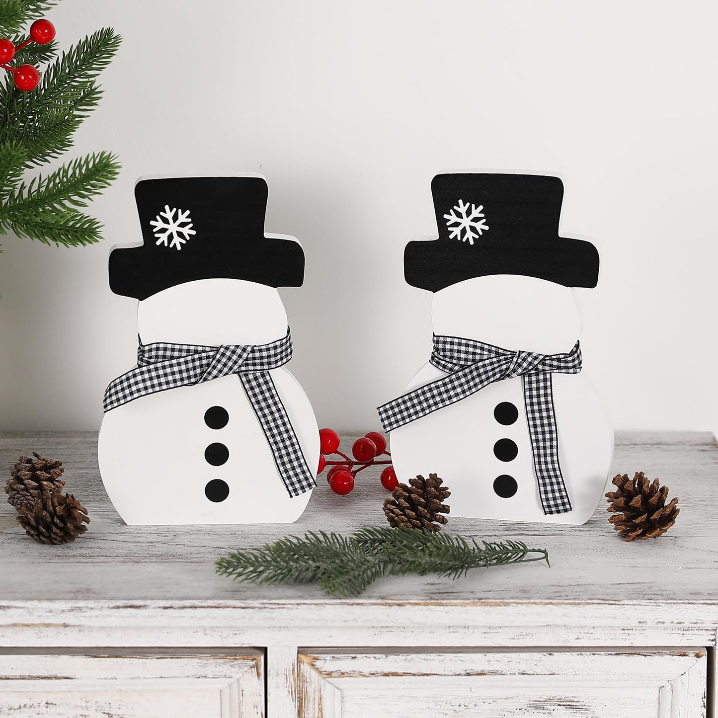Christmas Decorations-2pcs Winter Wooden Snowman Signs Winter White Standing Farmhouse Snowman for Office Table Mantle Home Xmas Party Decor