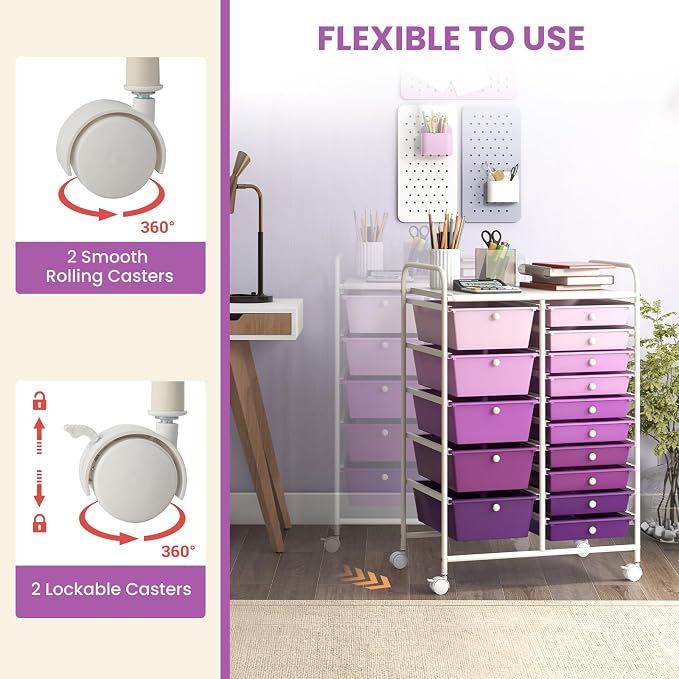 LDAILY 15 Drawer Rolling Storage Cart, Rolling Cart with Drawers for Classroom, Art Supply Craft Organizer on Wheel with Metal Frame & Handles for Home Office School