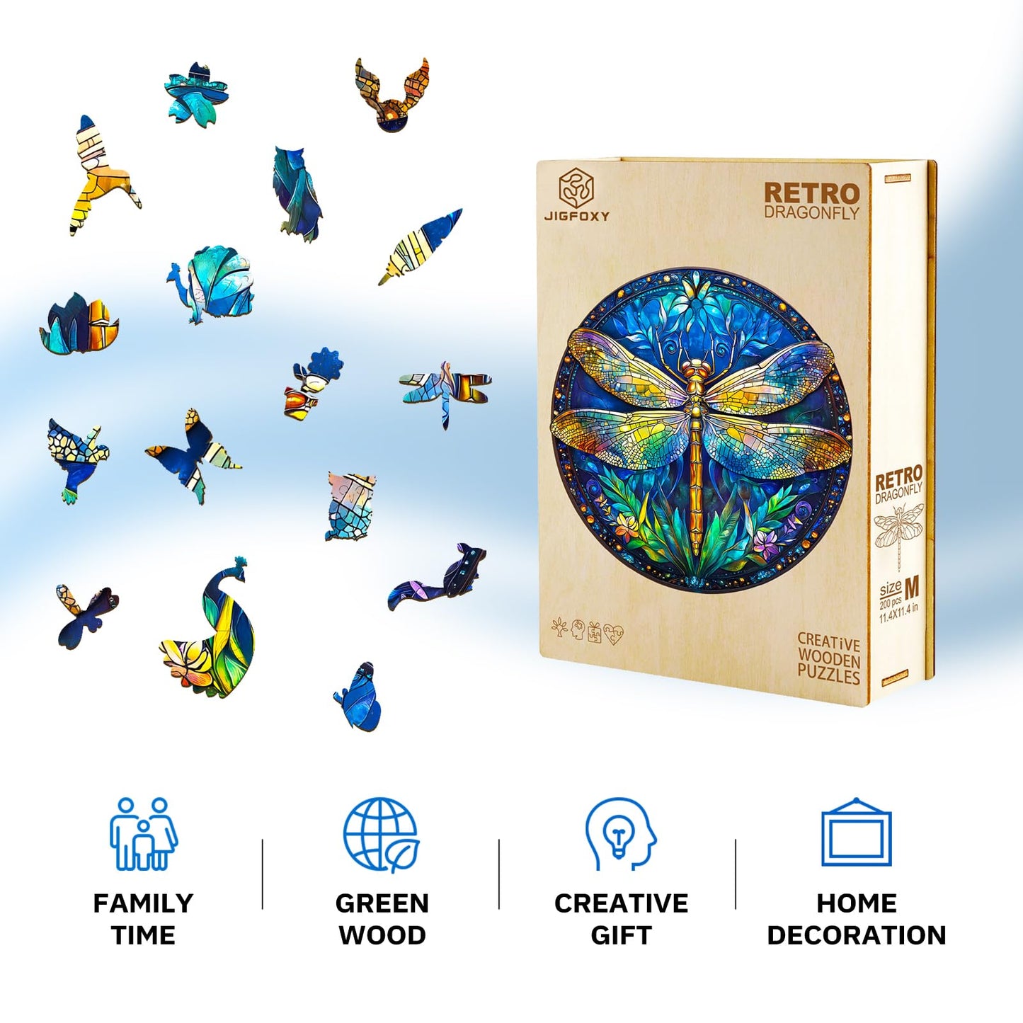 Jigfoxy Wooden Puzzles for Adults, Retro Dragonfly Wood Puzzles Adult, Unique Animal-Shaped Wooden Jigsaw Puzzles for Adults, Christmas Thanksgiving Gifts for Family and Friends (S-8.5*8.5in-100pcs)