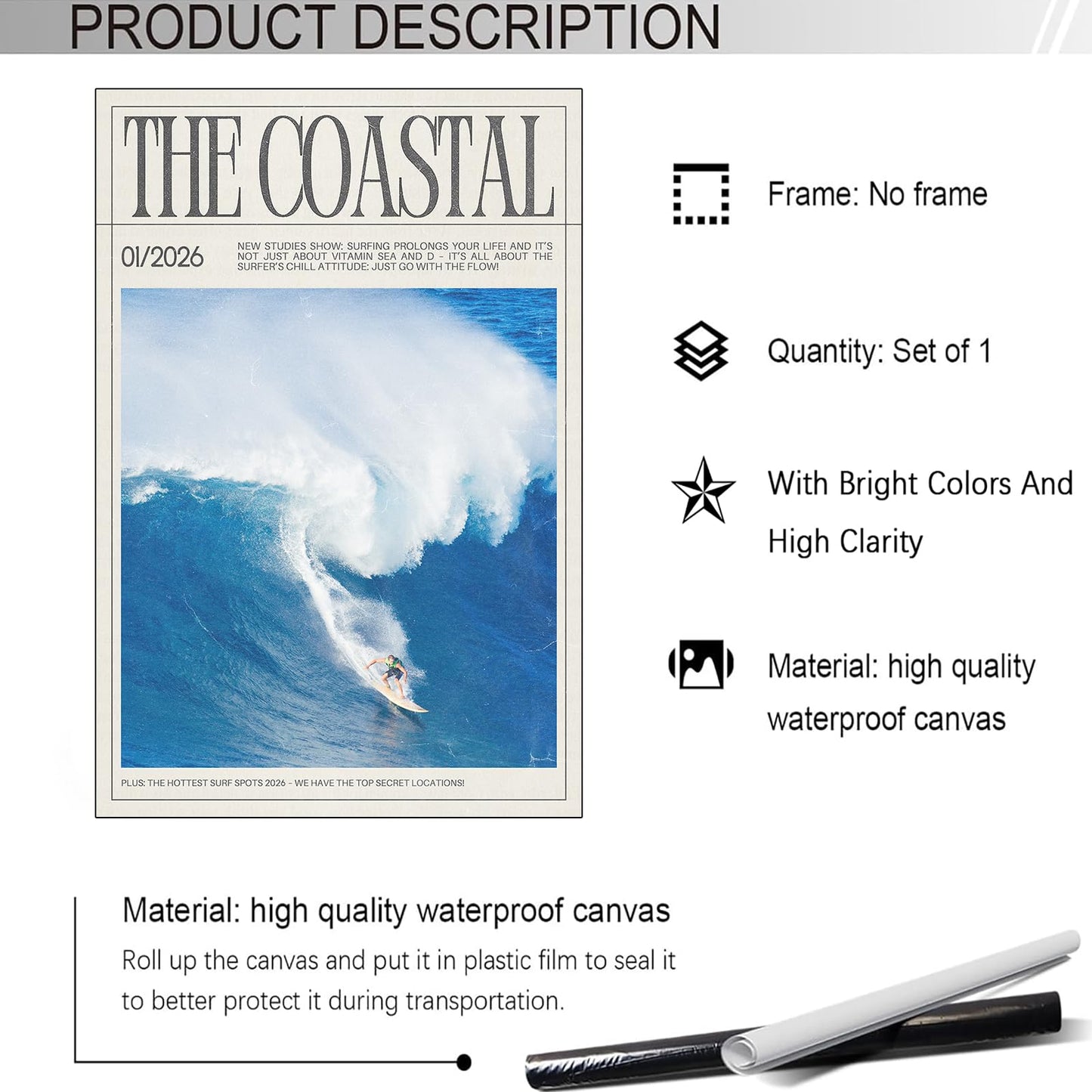 SELF FIND Retro Surfing Newspaper Poster Summer The Coastal Magazine Canvas Wall Art Surfing Enthusiasts Ocean Tropical Seascape Prints Painting For Home Bedroom Dorm Wall Decor 12x16in Unframed