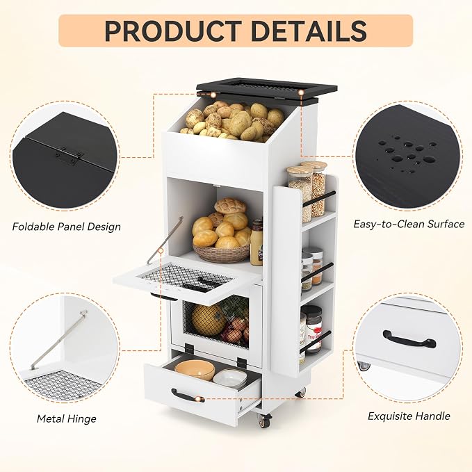 Verano Garden Potato and Onion Storage Bin on Wheels, Wood Bread Box with Lid & Mesh Doors, 4-Tier Rolling Fruit and Vegetable Storage Organizer w/Drawer & Side Rack for Kitchen (White, 16.0")
