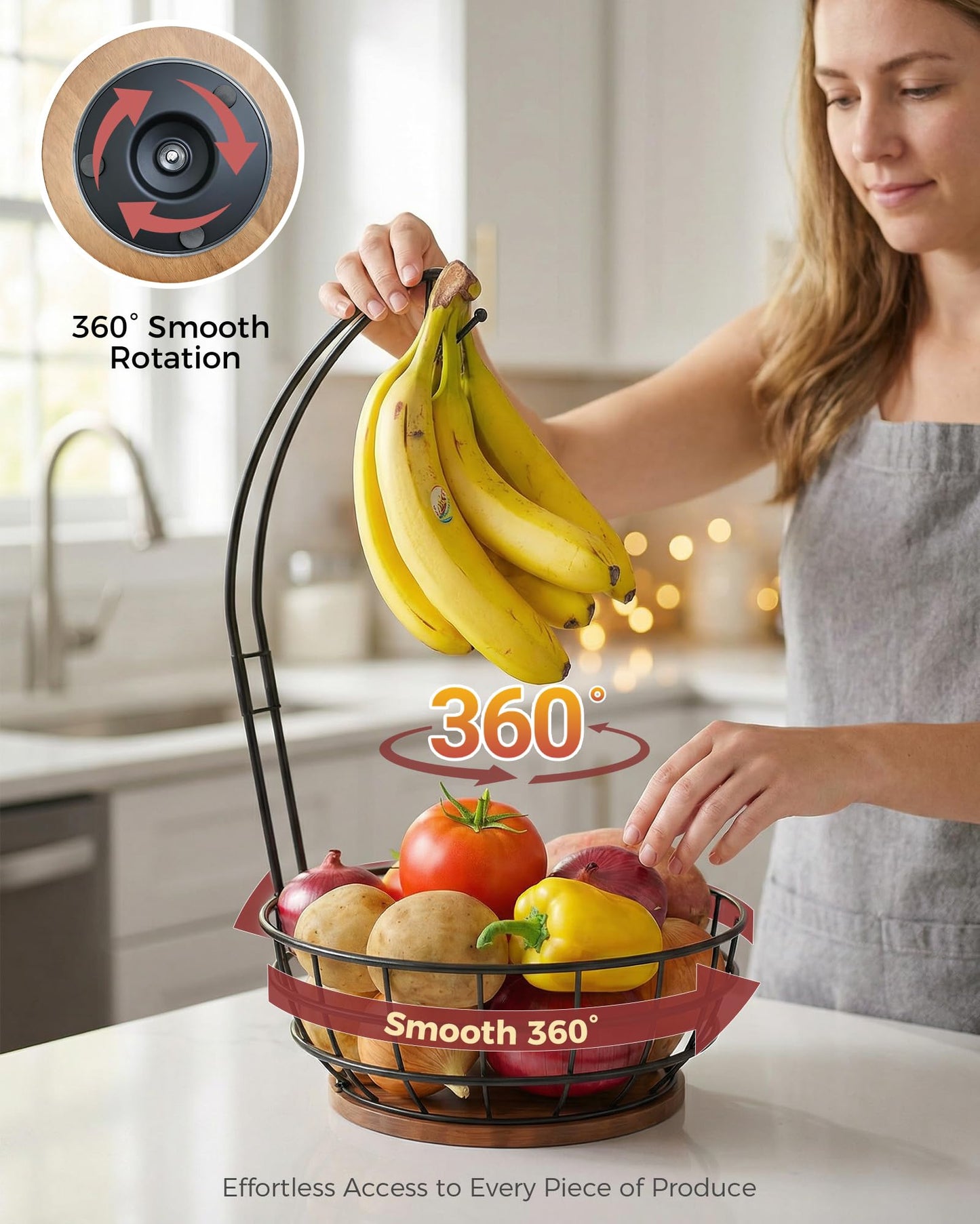 Sevenblue 360°Rotating Fruit Basket for Kitchen Counter with Upgraded Banana Hanger, 2026 Pro Metal Countertop Fruit and Vegetable Basket Bowl Storage with Wooden Non-Slip Base, Black