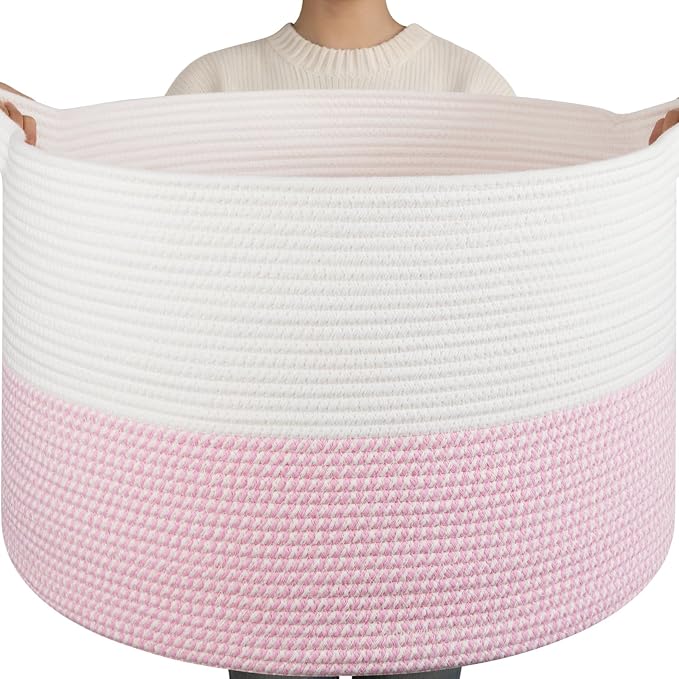 OIAHOMY 115L Extra Large Blanket Basket for Living Room, 23.6" x 15.4" Woven Cotton Rope Laundry Basket for Organizing Pillows, Decorative Stuffed Animal Toy Storage for Nursery, White and Pink
