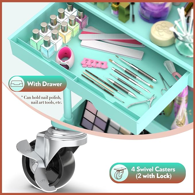 SUNALLY Makeup Cart Organizer with Drawers, Floor Skincare Organizers Vanity Storage Organizer, Rolling Makeup Bathroom Storage Cart Cosmetics Display Cases for Skin Care Perfume Nail Polish, Blue