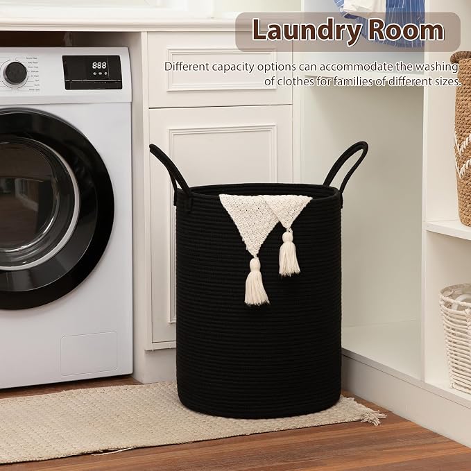 OIAHOMY Large Laundry Basket Hamper - 100L Cotton Rope Woven Basket for Blankets, Toys, Clothes - Tall Decorative Nursery Hamper with Long Handles, Black