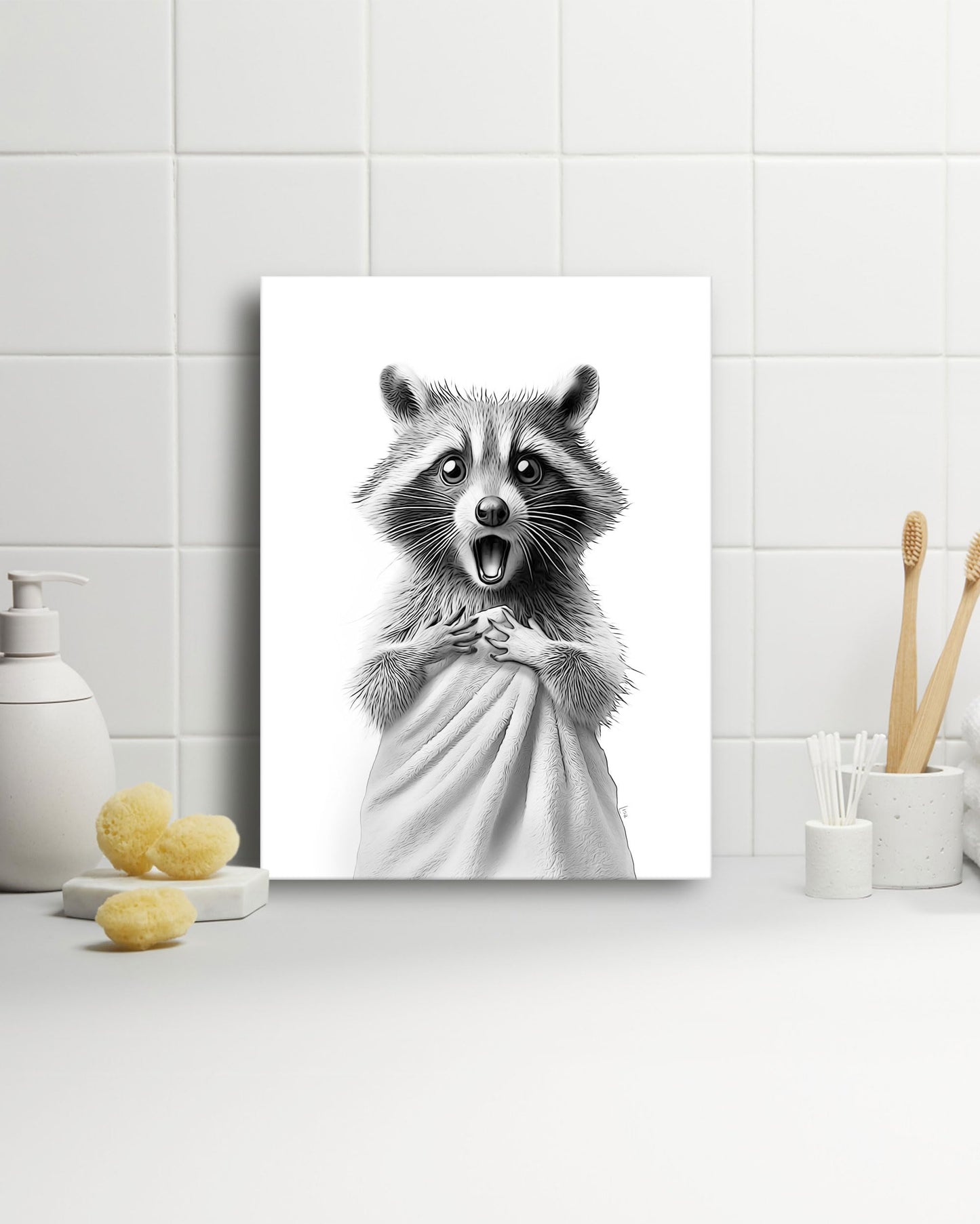 HesenDot Raccoon in Towel Framed Wall Art,12x16in Funny Animal Bathroom Canvas Print, Black and White Raccoon Poster,Cute Racoon Picture Wall Decor for Bathroom Kid Room Bedroom Nursery Home, 1 Pack