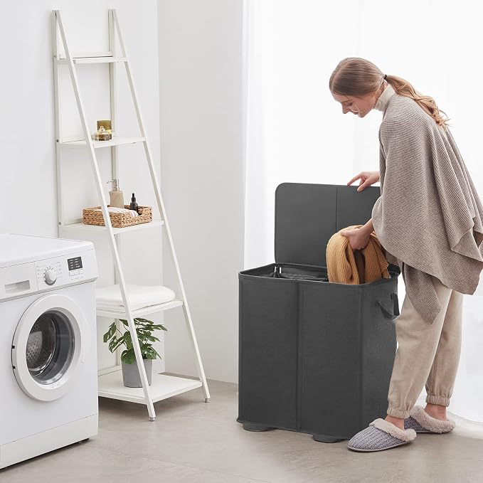 Lifewit Double Laundry Hamper with Lid and Removable Laundry Bags, Large Collapsible 2 Dividers Dirty Clothes Basket with Handles for Bedroom Laundry Room Closet Bathroom College, 155L Black