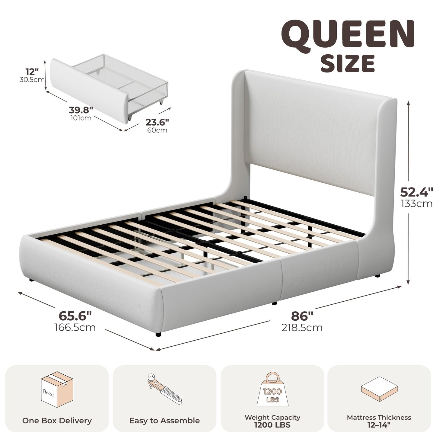 RECCI Queen Upholstered Wingback Bed Frame with Storage Drawers, 52” Tall Cushioned Headboard, Soft Edges, Low Profile Platform Bed, Sturdy Wood Slats, No Box Spring Needed, Ivory White Canvas