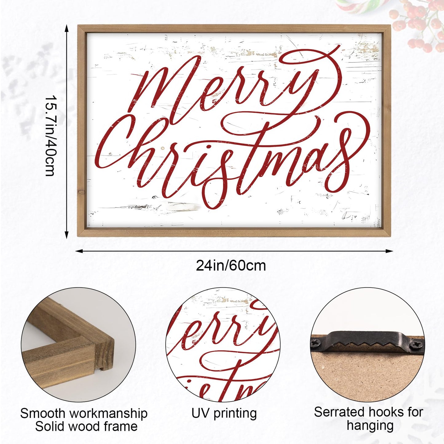 pechpell Merry Christmas Wall Decor Art Framed, 23.6×15.7 Inch Large Wooden Merry Christmas Sign, Xmas Holiday Indoor Living Room Bedroom Office Mantel Rustic Farmhouse Decorations for Home Kitchen
