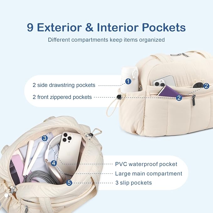 TOPDesign Travel Duffel Bag for Women, Puffer Gym Bag Sports Tote with Wet Pocket, Carry On Weekender with Luggage Sleeve (Beige)