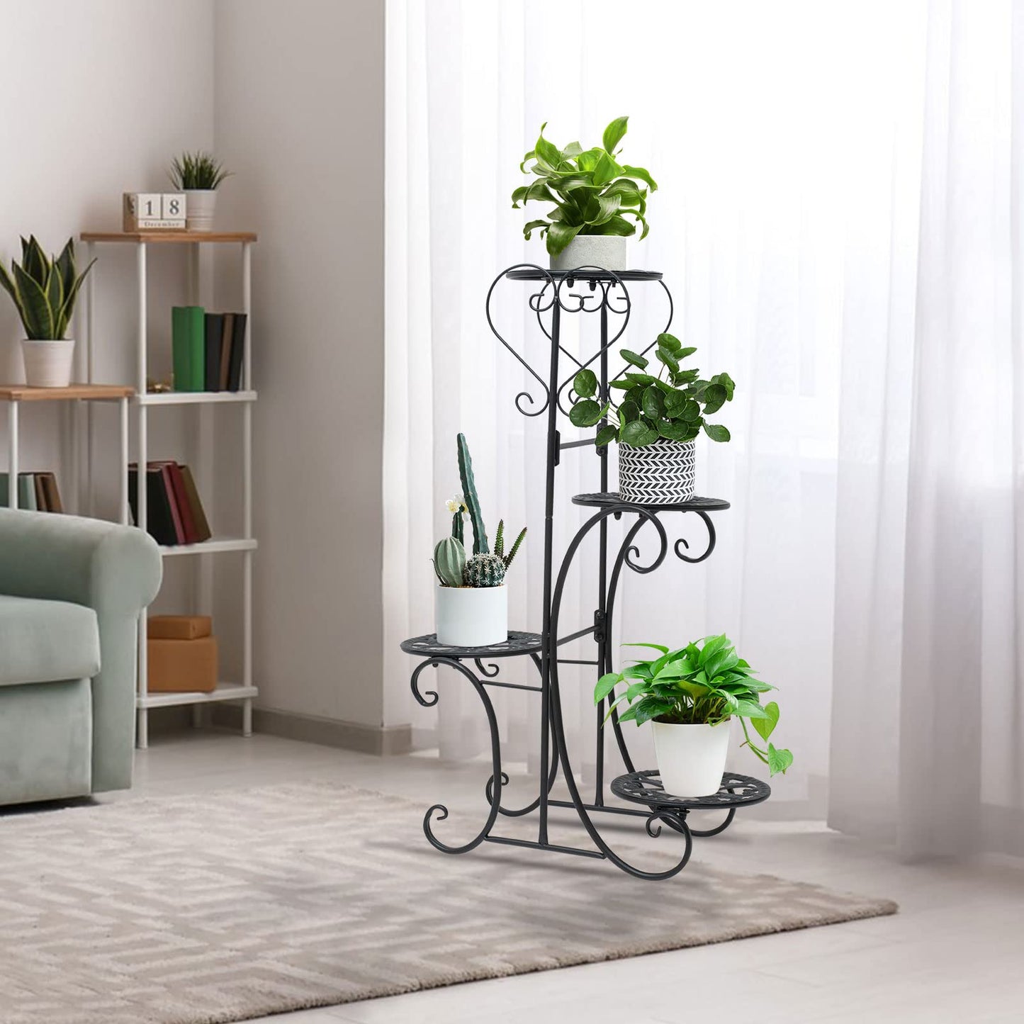 Kaichenyt Plant Stand Black Metal 4-Tier 32.3 inch Flower Display Rack Tiered Corner Flower Display Holder Indoor Outdoor Elegant Flower Pot Holder for Patio Balcony Garden Home Decorative