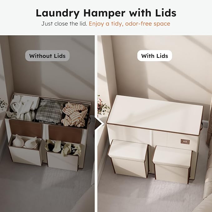 SOLEDI 220L Laundry Hamper 3 Section,Extra Large Laundry Basket with Lid and 2 Side Pockets, Dirty Clothes Hamper with Removable Bag Easy to Carry for Laundry Room, Bedroom, Bathroom, White