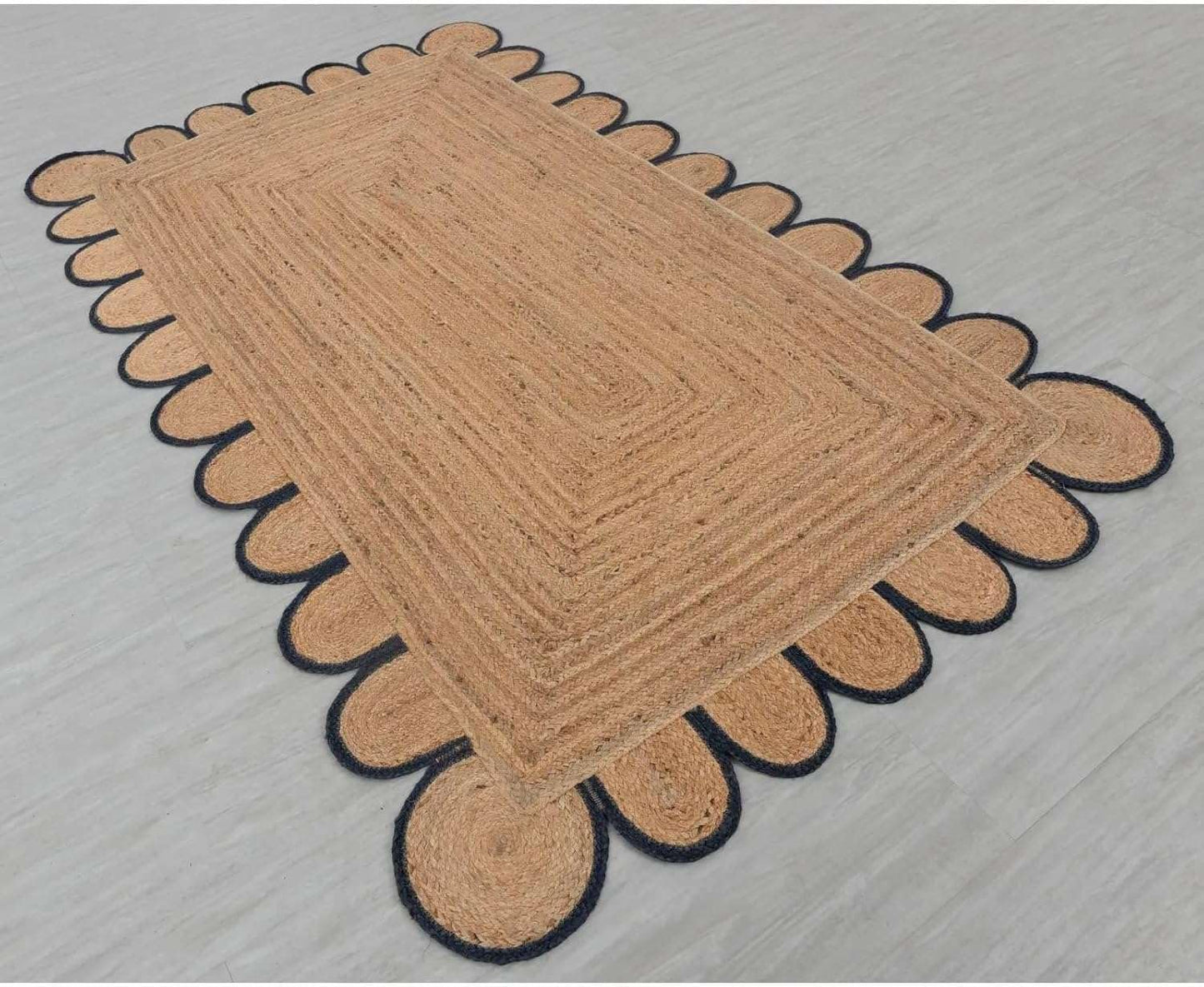 Scalloped Handwoven Jute Rug 2×4 Ft – Braided Natural Fiber Area Rug, Eco Friendly Boho Farmhouse Entryway Doormat Carpet for Living Room Bedroom Kitchen Hallway Decor