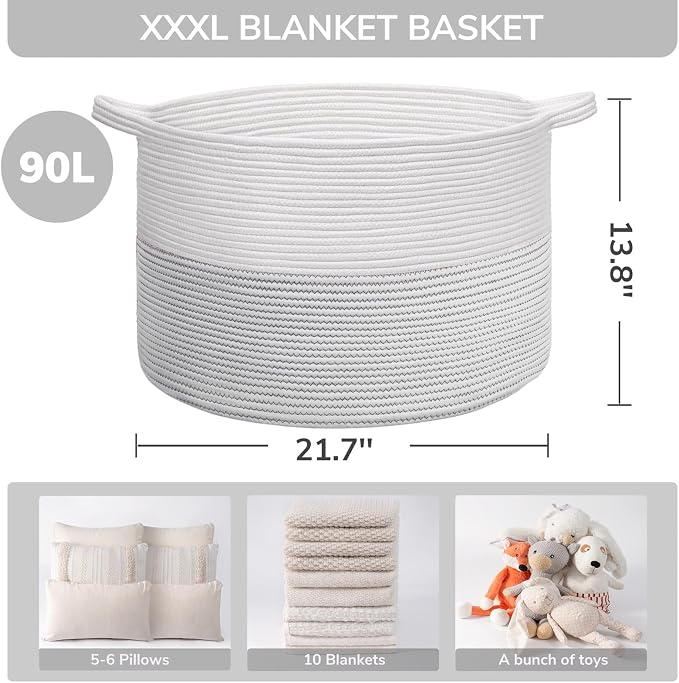 INDRESSME XXXLarge Cotton Rope Basket 21.7" x 21.7" x 13.8" Woven Baby Laundry Basket for Blankets Toys Storage Baskets with Handle Comforter Cushions Storage Bins Thread Laundry Hamper-Black Stitch