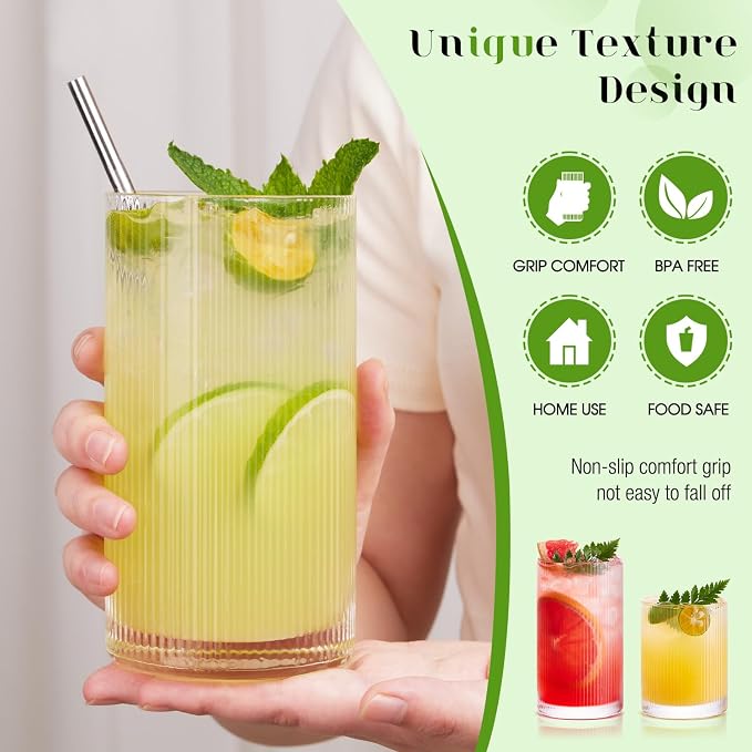 Ribbed Glass Cups Set of 8 - 4 Large Capacity Highball Glasses 17oz, 4 Rocks Glass Cups 12oz, Cocktail Glasses, Drinking Glasses Ideal for Beer, Juice, Water, Ice Coffee Cup, Whiskey, Mixed Drinkware