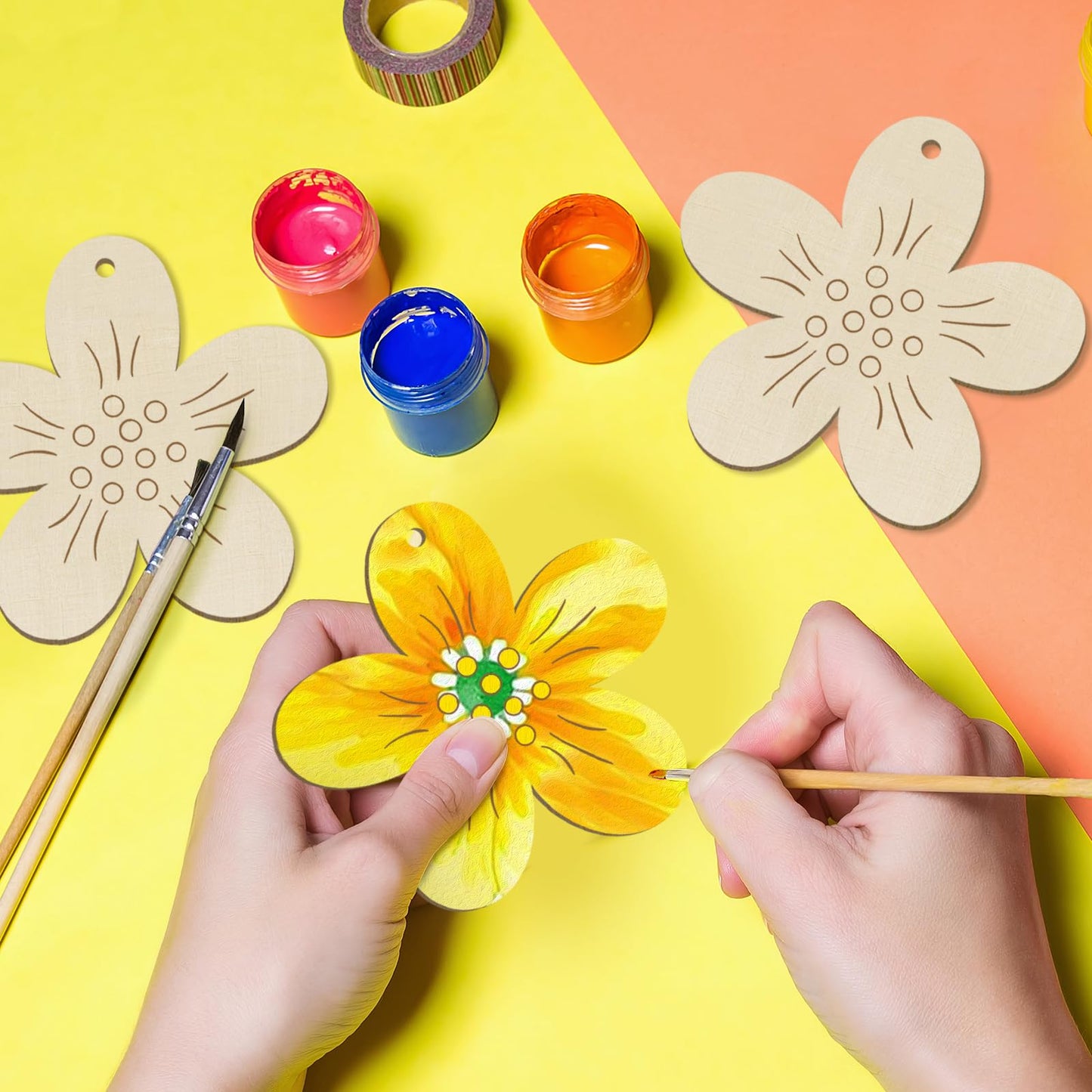 Wooden Flower Ornaments to Paint Easter Spring Decoration Cutouts Unfinished 24PCS 3.5 x 3 inches, DIY Blank Unfinished Christmas Tree Wood Discs Ornament for Home Crafts Hanging