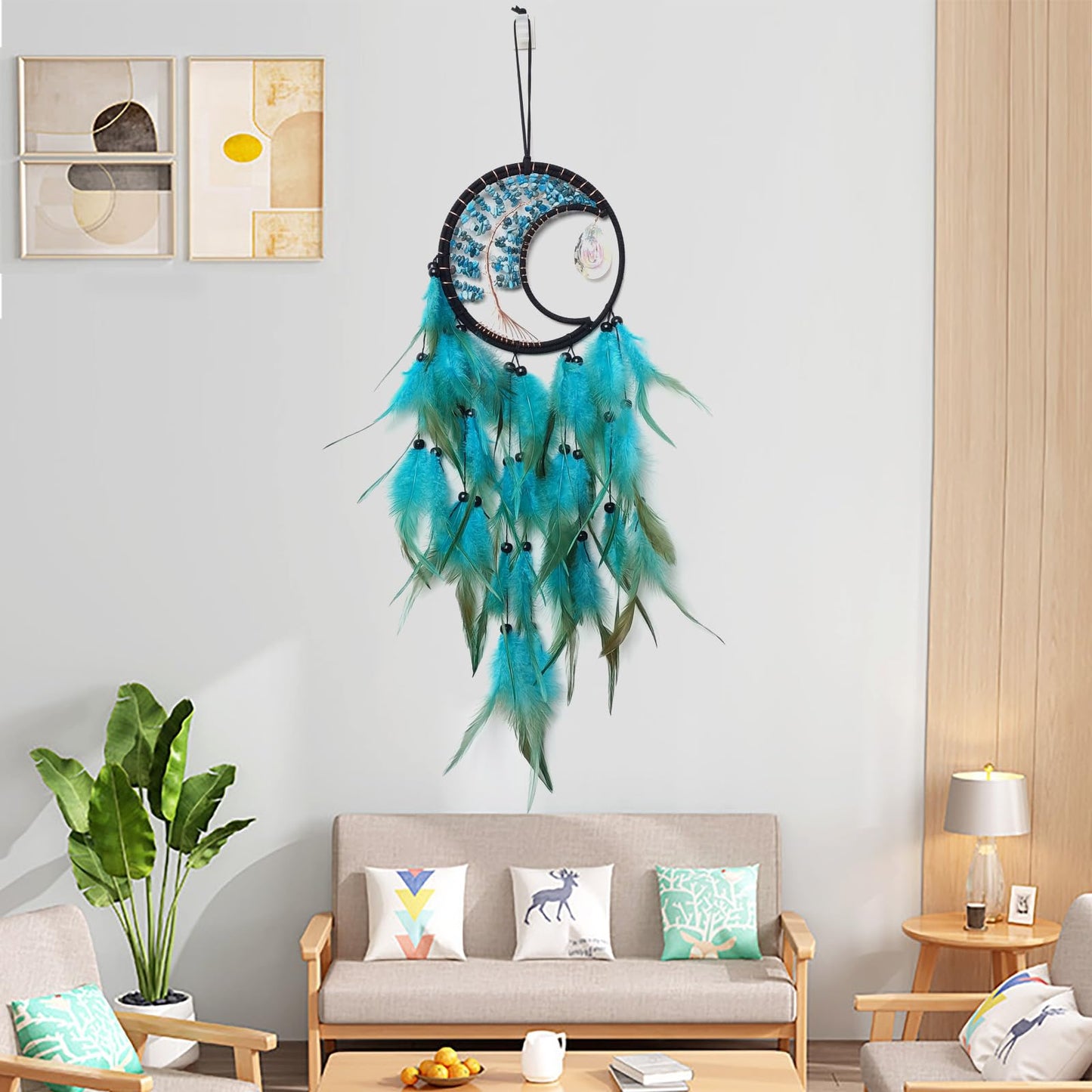 RAGKUU Blue Dream Catcher Wall Decor Tree of Life Dream Catchers with Crystal Pendant Handmade Feather Dreamcatcher Wall Hanging Ornament for Bedroom Living Room Home Decor
