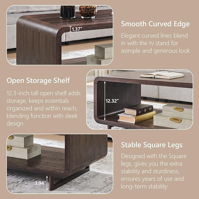 IFGET 48" Modern Coffee Table, 2-Tier Minimalist Center Table with Storage Shelf, Curved Profile Design, Wooden Rectangular Living Room Table w/Wood Thick Design for Living Room, Office, Brown