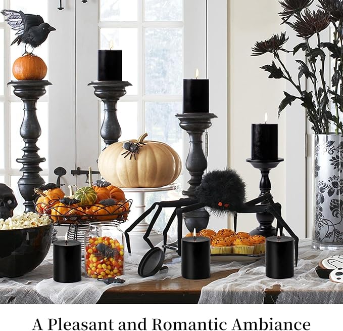 KONNI Black Pillar Candles Set of 3, 3"x 6" Unscented Pillar Candles Bulk, 56 Hours Long Burning Candles, Smokeless&Dripless Large Round Candle for Wedding, Home Decoration, Parties, Spas, Dinner