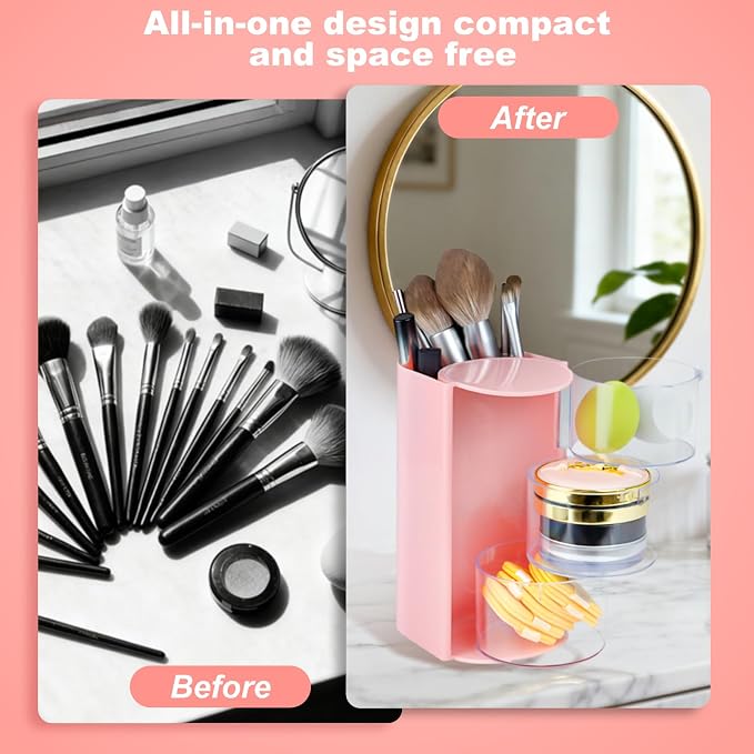 Luscinia Hair Accessories Organizer with Hair Brush Holder, Rotatable Makeup Brush and Jewelry Storage Box for Hair Clips, Earrings, Necklaces, Bracelets, Rings, and Daily Accessories (Pink, 3-Layer)