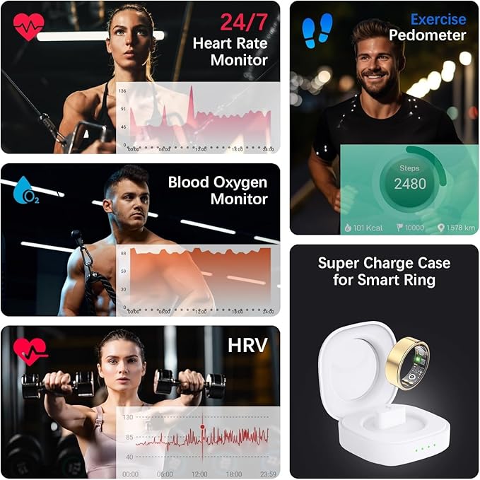 Health Tracker Ring, Smart Health Ring for Women Men with Heart Rate, Blood Oxygen, Sleep Monitor, Steps,Calories, No Subscription Fee, IP68 Waterproof Smart Ring for iPhone & Android (Gold, 11#)