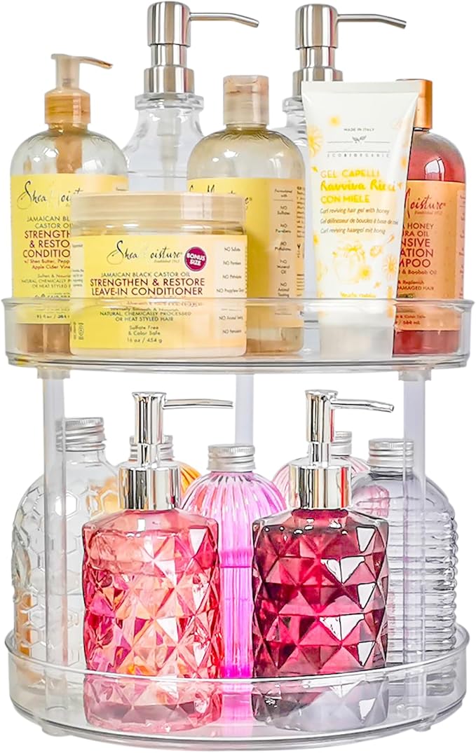 2-Tier Clear Lazy-Susan Turntable – 11-Inch Pantry Spice-Rack Cabinet-Organizer – Plastic Lazy Susan Makeup Organizer for Bathroom Countertop